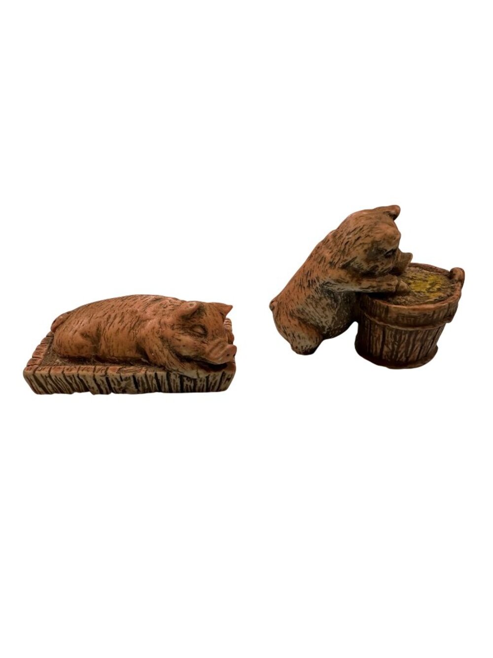 Two Vintage Pig Figurines Farmhouse Terracotta Sleeping Piglet & Pig At Trough